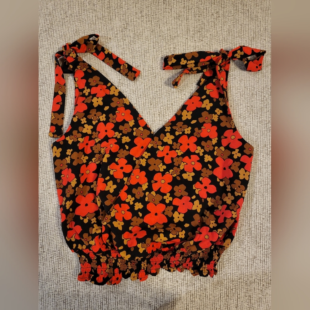 Buckle Floral Tie-Shoulder Top - Red and Brown
